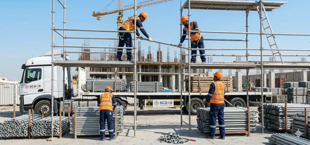 Workers assemble scaffolding and materials on a construction site with a "scaxa" truck.