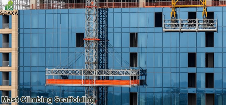 Mast climbing scaffolding system on a tall building, featuring a power-driven platform for safe access, with SCAXA branding visible.