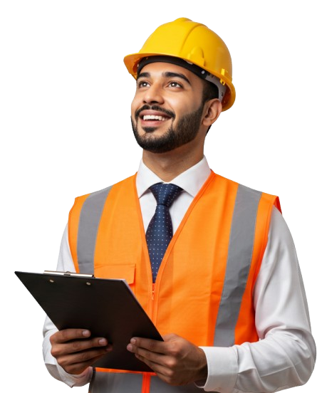 Construction worker in safety gear, orange vest and hard hat, holding clipboard, smiling, representing SCAXA's commitment to safety and efficiency in scaffolding services.