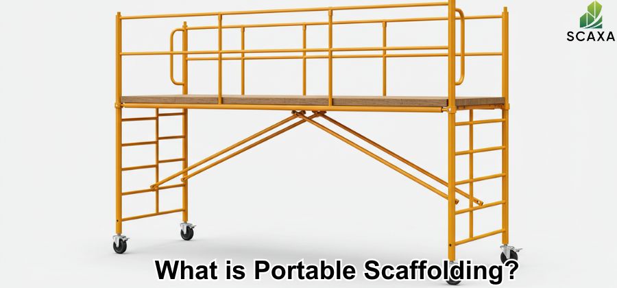 Portable scaffolding system with adjustable platform and lockable caster wheels, featuring SCAXA branding, illustrating mobility and safety for construction and maintenance tasks.
